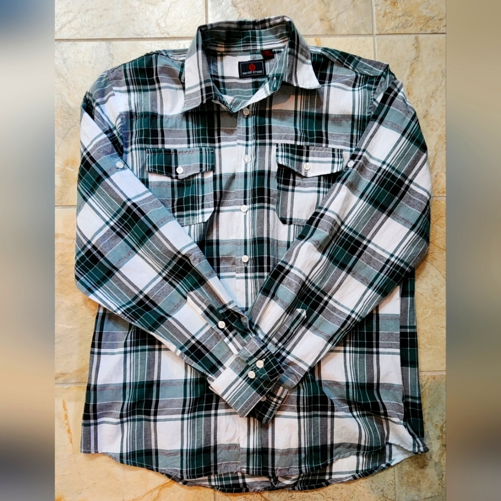 Mens large green white and black plaid button up shirt